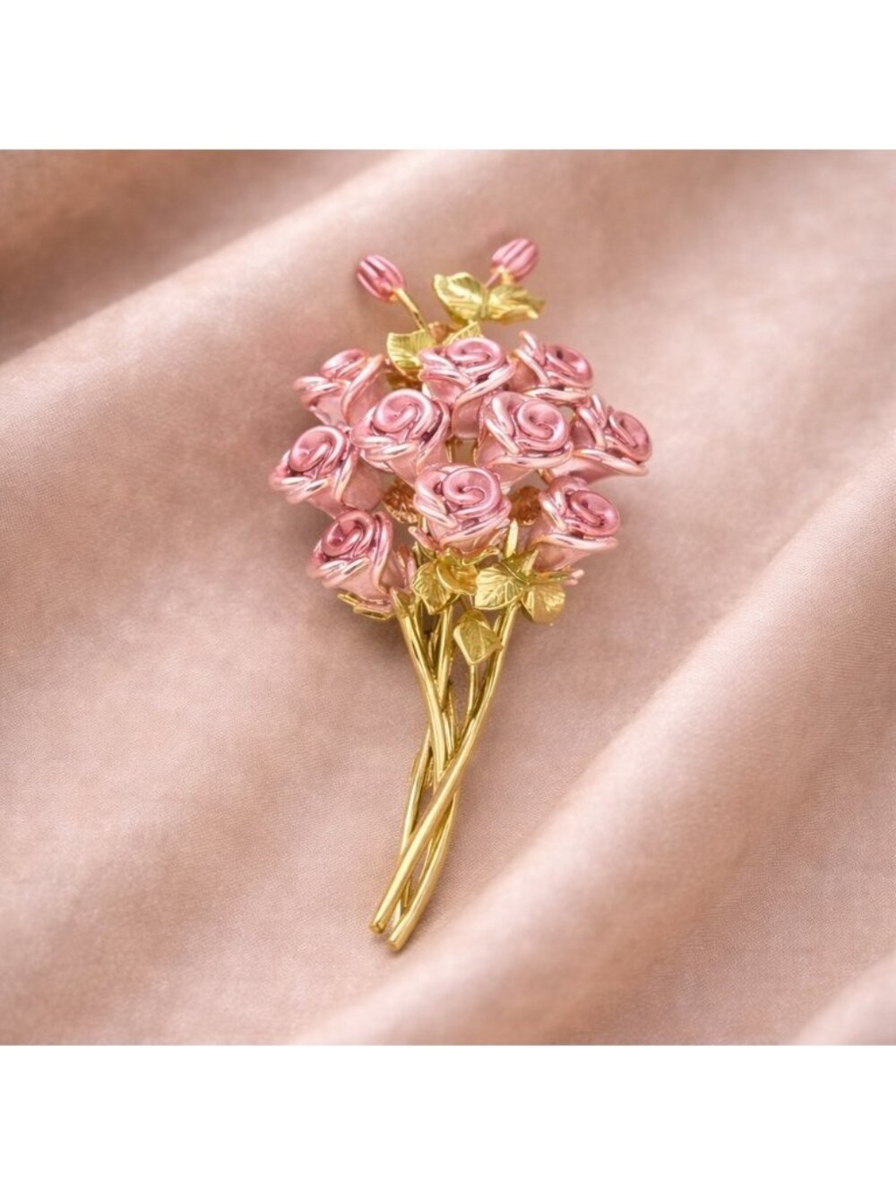Pink Rose Bouquet Gold  Brooch